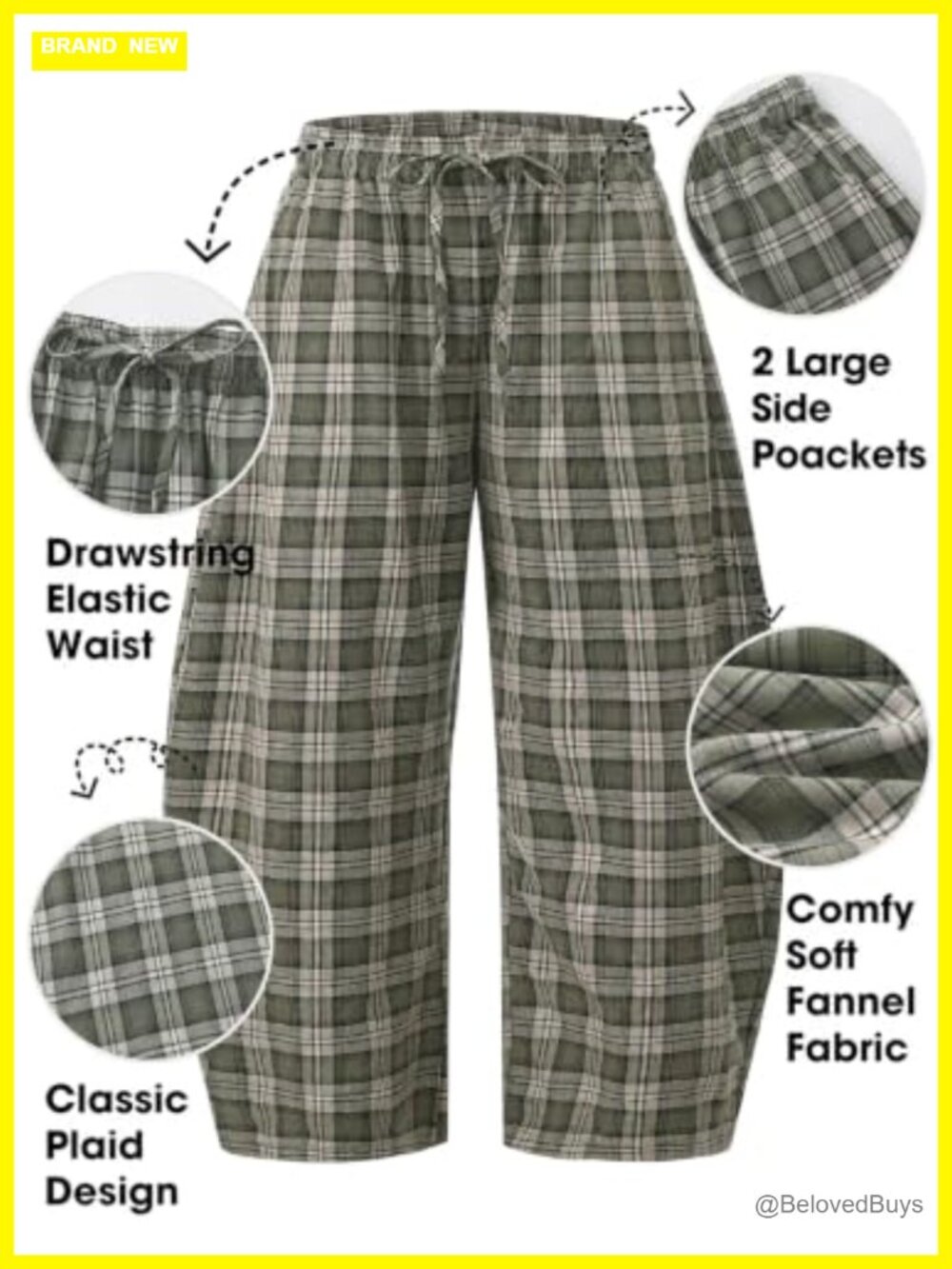 Flannel Barrel Pants Plaid Wide Leg Drawstring Lounge Trousers - Picture 3 of 6